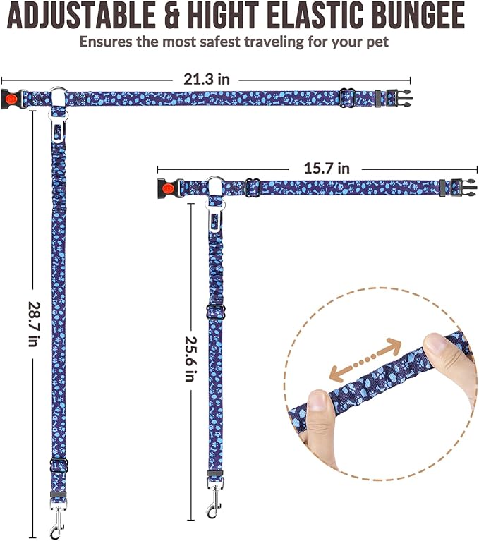 SlowTon Dog Seat Belt for Car, 2 Pack Dog Car Harness Seatbelt Adjustable with Elastic Bungee Buffer, 2 in 1 Pet Car Leash Headrest Restraint Dog Reflective Safety Tether (S, Blue, Headrest+Clip)