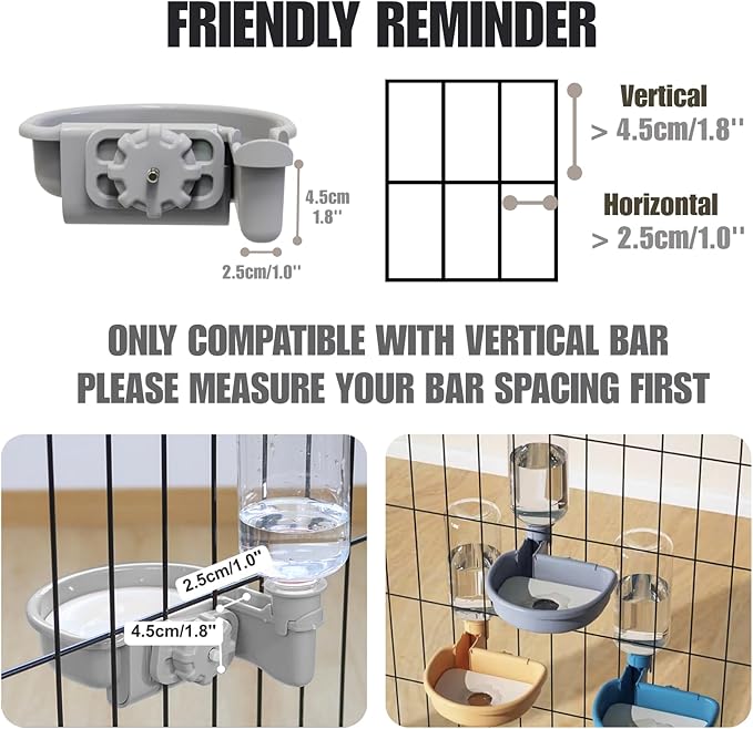 Automatic Pet Food Water Dispenser, Auto Gravity Pet Feeder Water Bottle Set for Crate, Feeding Station for Small Dog Cat Rabbit Guinea Pigs Chinchilla Ferret Hedgehog (Gray)