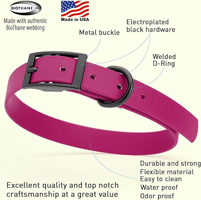 Dogline Biothane Waterproof Dog Collar Strong Coated Nylon Webbing with Black Hardware Odor- Proof for Easy Care Easy to Clean High Performance Fits Small Medium or Large Dogs, Magenta Pink