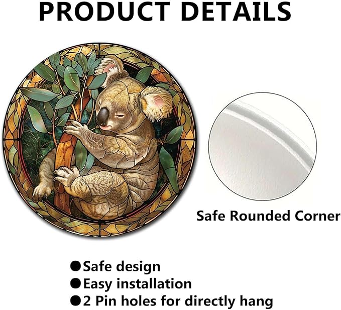 Lygond Metal Sign Tin Sign Circular Stained Glass Koala Kitty Decor for Garden 8×8 Inches