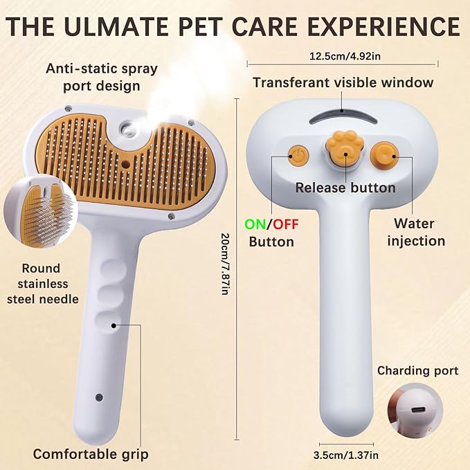 Pet Steam Brush for Dogs and Cats - 4-in-1 Spray Detangling Comb - Steam Detangling and Grooming - Water Brush for Long and Short Haired Pets - Includes Waterless Shampoo and Comb