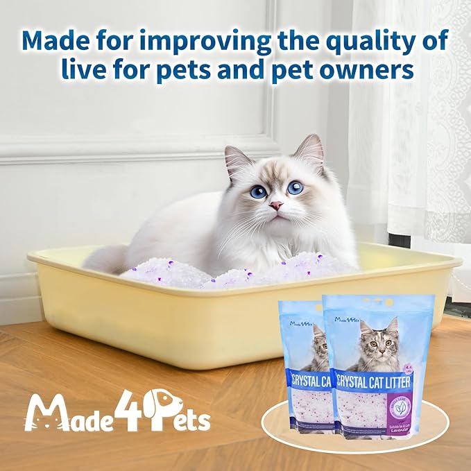 Made4Pets Cat Litter Crystals, Non Clumping Cat Litter Odor Control Kitty Litter Non Clumping No scooping Low Dust, Low Tracking, Lightweight, Dehydrates Waste, Lavender – 25.8 lbs (6 x 4.3 lb Packs)