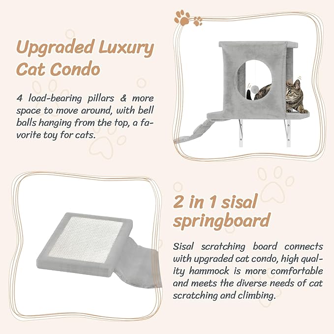 NUNU LAB Cat Wall Shelves Set, 7 Pcs Wall-Mounted Cat Climber with Cat House, Tunnel, Bridge, Scratching Post, Hammock, Wall Shelves, Gray