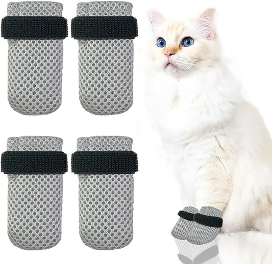 4 PCS Cat Mittens to Prevent Scratching,Mesh Breathable Cat Shoes,Adjustable Cats Anti Scratch Gloves,Suitable for Cats When Bathing and Nail Trimming (Grey, L)
