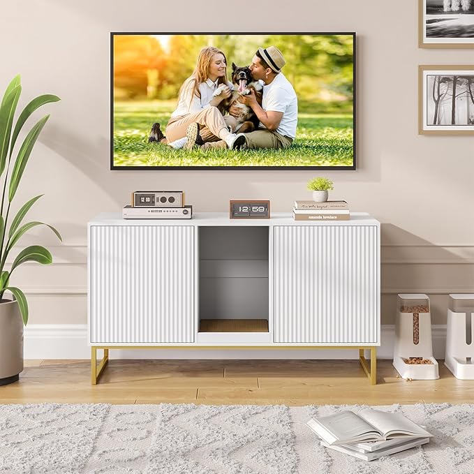 Litter Box Enclosure for 2 Cats, Fluted Hidden Cat Litter Box Furniture with Scratch Pad and Metal Legs, Modern Double Room Kitty House for Living Room, Washroom, 47.2”L x 17.7”W x 25.9”H, White