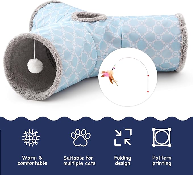 Tempcore Pet Cat Tunnel Tube Toys 3 Way Collapsible, Cat Tunnels for Indoor Cats Fleece-Lined in for Warmth，Kitty Tunnel Bored Cat Pet Toys Peek Hole Toy Ball Cat, Puppy, Kitten, Geometry Blue