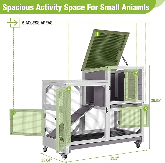 GUTINNEEN Rabbit Hutch Indoor Outdoor 2 Story Bunny House on Wheels Wood Rabbit Cage with 2 Pull Out Trays Guinea Pig Cage (Gray)