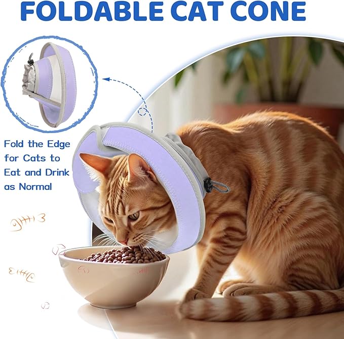 Breathable Air Mesh Cat Cone Collar Soft to Stop Licking, Adjustable, Foldable Lightweight Kitten Cones After Surgery Recovery for Cats & Kittens (Light Purple, S)