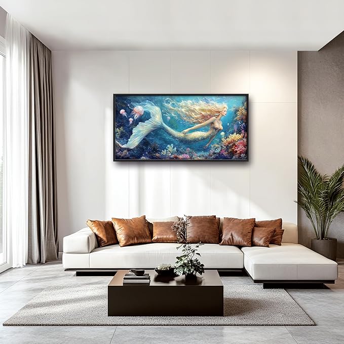Extra Large Framed Mermaid Wall Art,Oversized Undersea Ocean Wall Decor,Colorful Coral Reefs Pictures for Living Room,Elegant Canvas Print Painting Modern Artwork Bedroom Bathroom 60L x 30W