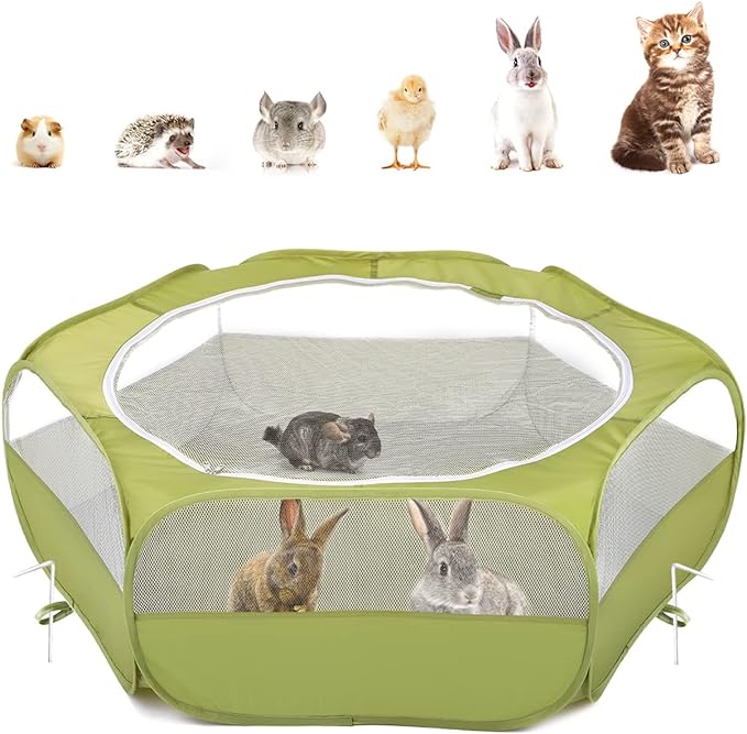 Pawaboo Small Animals Playpen, Waterproof Small Pet Cage Tent with Zippered Cover, Portable Outdoor Yard Fence with 3 Metal Rod for Chick/Kitten/Puppy/Guinea Pig/Rabbits/Hamster/Chinchillas,Green
