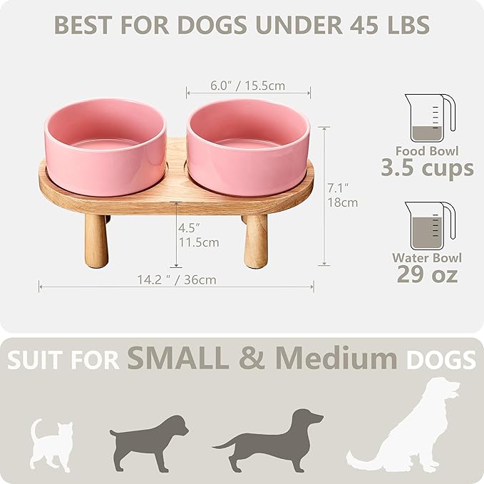 Ceramic Elevated Dog Bowls, Pet Food and Water Bowl Set for Medium and Small Dogs, 3.5 Cups Dog Bowls Raised with Wood Stand, 29OZ, Pink