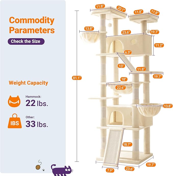 Allewie 81 Inches Tall Cat Tree/Multi-Level Large Climbing Tree House and Towers for Big Feline/Condo and Hammock/Scratching Post/Wide Base/Beige