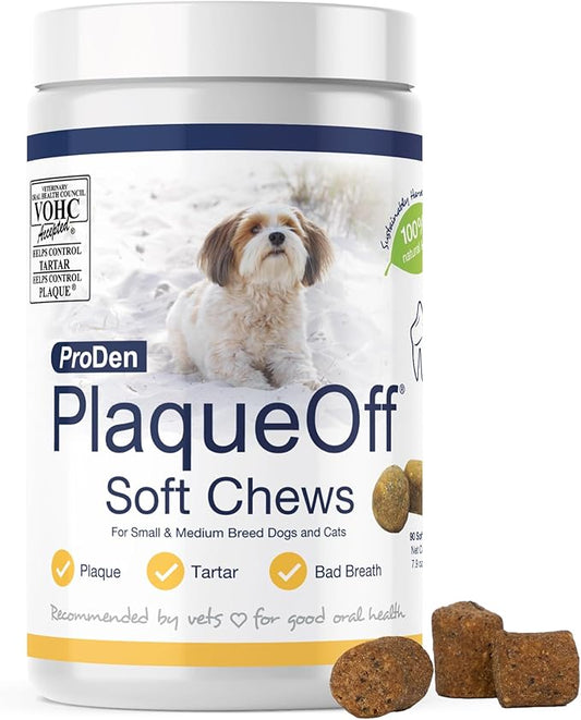 ProDen PlaqueOff Soft Chews with Natural Kelp - for Small & Medium Breed Dogs & Cats - Supports Normal, Healthy Teeth, Gums, and Breath Odor in Dogs & Cats - 90 Soft Chews