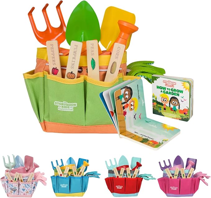 Matching Board Book - Green Kids Gardening Tools Set Includes Sturdy Tote Bag, Watering Can, Shovel, Rake, and Trowel - Garden Storybook - Kids Garden Tools- Easter Gifts for Toddler Age on up.