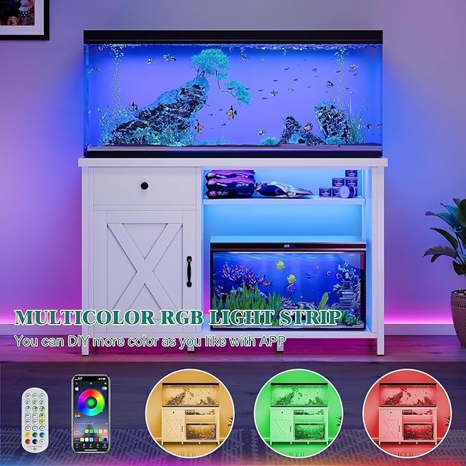 55 Gallon Fish Tank Stand with LED Light & Power Outlets, 55-75 Gallon Aquarium Stand with Drawer & Barn Door, 50" L x 20" W Cabinet for 2 Fish Tank Accessories Storage, Turtle Tank, Antique White