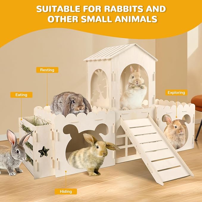 Large Rabbit Hideout Bunny Castle, Wooden Bunny House & Hay Feeder, Detachable Rabbit Hideaway, Indoor Rabbit Castle with Ramp, Small Animal Houses & Habitats