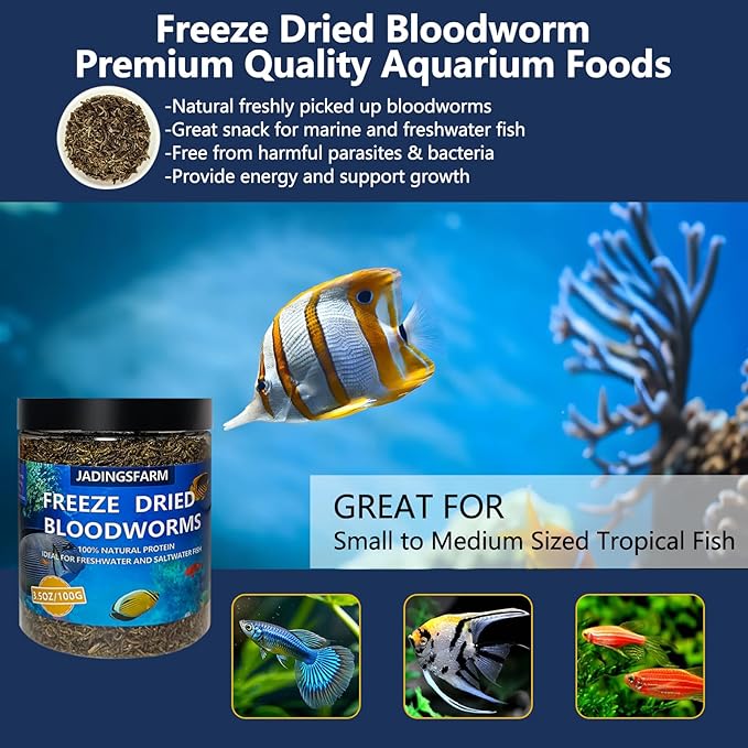 JADINGSFRAM Blood Worms Fish Food 3.5 oz, Freeze Dried Bloodworms for Fish, Bloodworms Fish Food for Freshwater Saltwater Tropical Fish Betta Cichlid Goldfish Guppy Turtle (3.5 OZ)