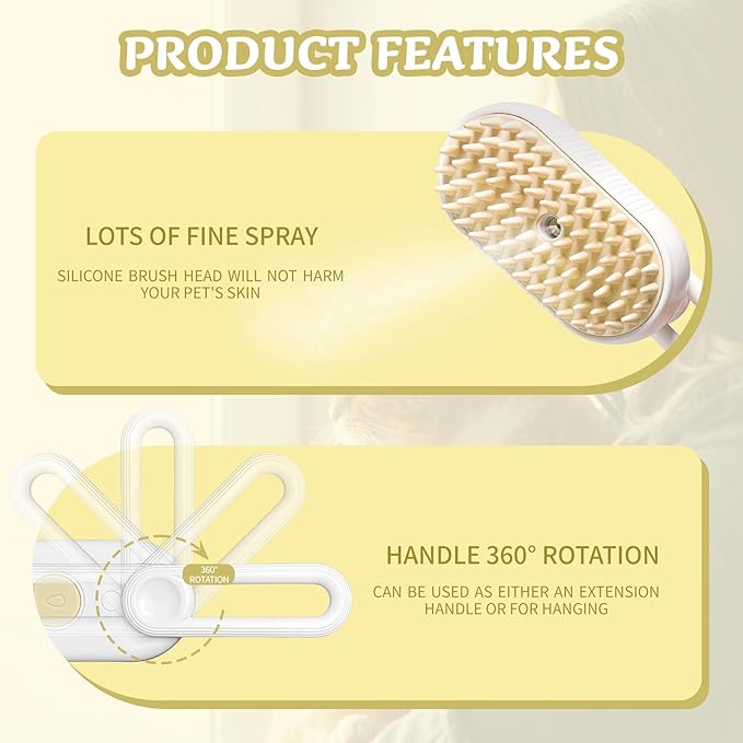 3-in-1 Rechargeable Steam Brush for Cats & Dogs - Anti-Static Spray Pet Grooming Brush with Warm Mist Massage, Hair Shedding Control, Detangling Comb & Cleaning Tool for Effective Deshedding