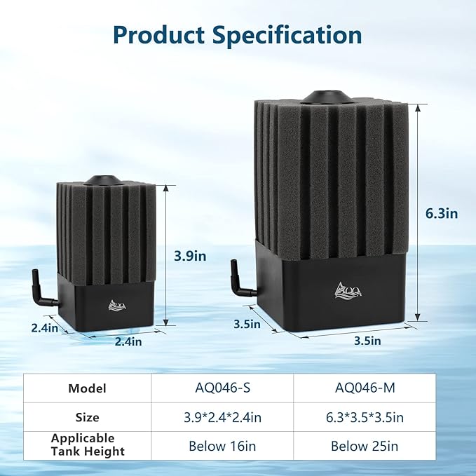 AQQA Aquarium Sponge Filter Submersible Fish Tank Filter Ultra Quiet Aeration Bio Sponge Corner Filter for Breeding Fry Betta Shrimp Fish Tank (Small for 5-20 Gallon)