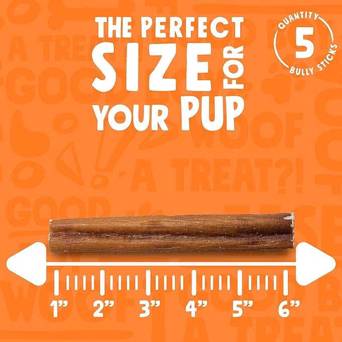 Bully Sticks for Small Dogs | All Natural, Single Ingredient Bully Sticks for Puppies to Medium Dogs (6" Stnd - 5pk)