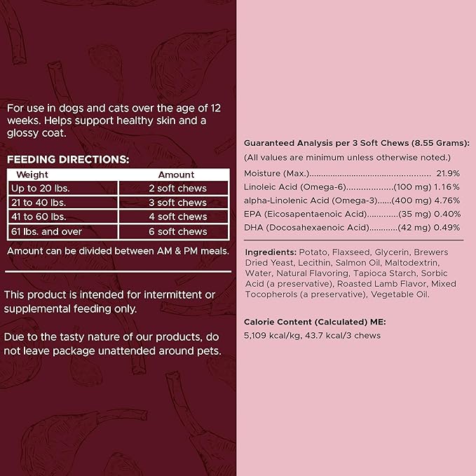 Salmon Oil for Dogs - Soft Chew Omega Treats for Skin and Coat - Fish Oil Blend of Essential Fatty Acids, Omega 3 and 6, Vitamins, Antioxidants and Minerals - Made in USA (180 Chews, Lamb)