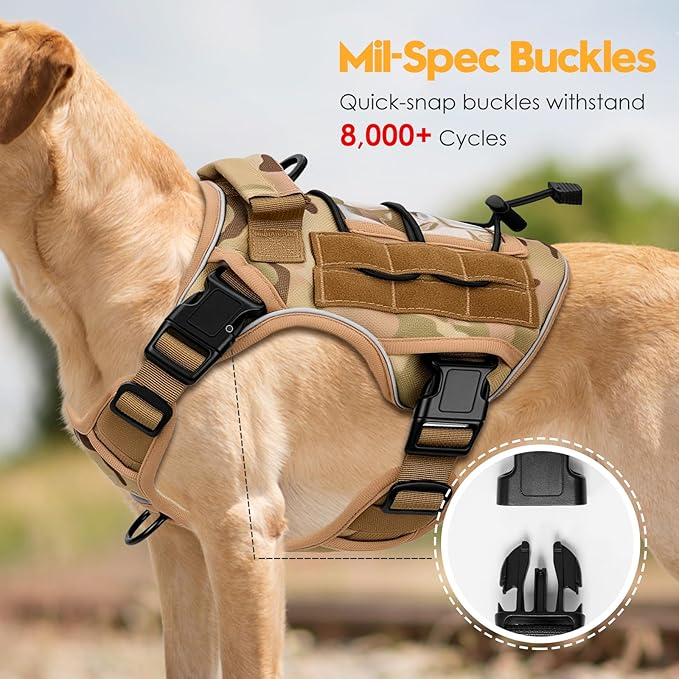 Heavy-Duty Tactical Dog Harness for Large Dogs, No Pull Adjustable Reflective Pet Vest with Molle System, K9 Military-Grade Control for Service Training, Outdoor & 10+ Breeds, Desert Camo, Small