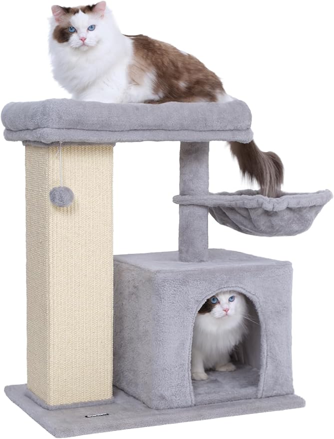 Ouritsu Cat Tree, 27 inch Cat Tower for Large Cat Indoor, Enlarged Condo, 1 Widened Padded Perch, Luxury Tall Scratching Post, Fluffy Basket, Light Gray, MF002GA