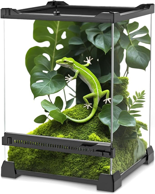Mini Reptile Glass Terrarium 8"x8"x12" Durable Reptile Habitat Tank with Heat Resistant Aluminum Alloy Frame, Single Swinging Doors for no Jam by Sand and Other Debris