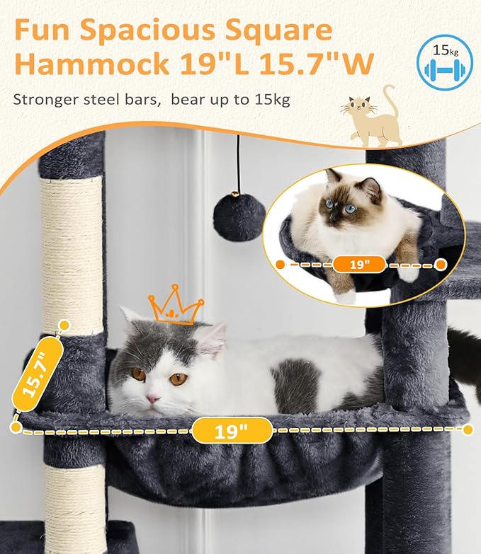Cat Tree Large Cat Tower Tree 68" Multi-Level Cat Tower for Indoor Cats with Sisal Scratching Posts, Widen Cat Perche, Square Hammock, 2 Widen Condos, Scratching Posts, Grey