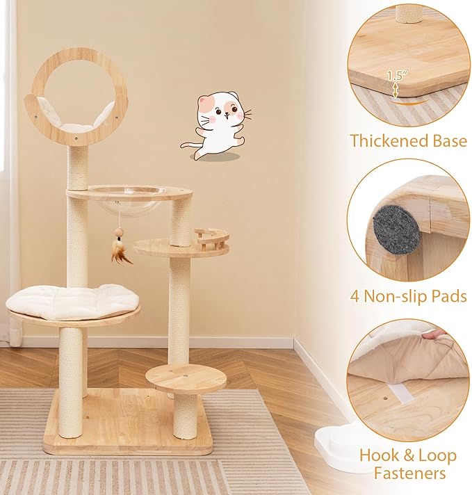 Tangkula Solid Wood Cat Tree, 4-in-1 Building Block Large Cat Tower with Space Capsule Nest, Scratching Posts, Padded Platform, Hanging Toy, Cat Tree Tower with 4 Transformations for Indoor Cats