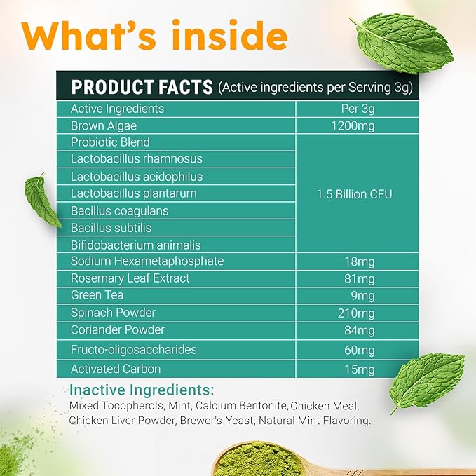 Dog Teeth Cleaning Powder - Dog Breath Freshener + Dental Care for Doggies & Cats + Tartar Remover for Teeth with Natural Ingredients + Probiotics Blend (Mint - 100g)