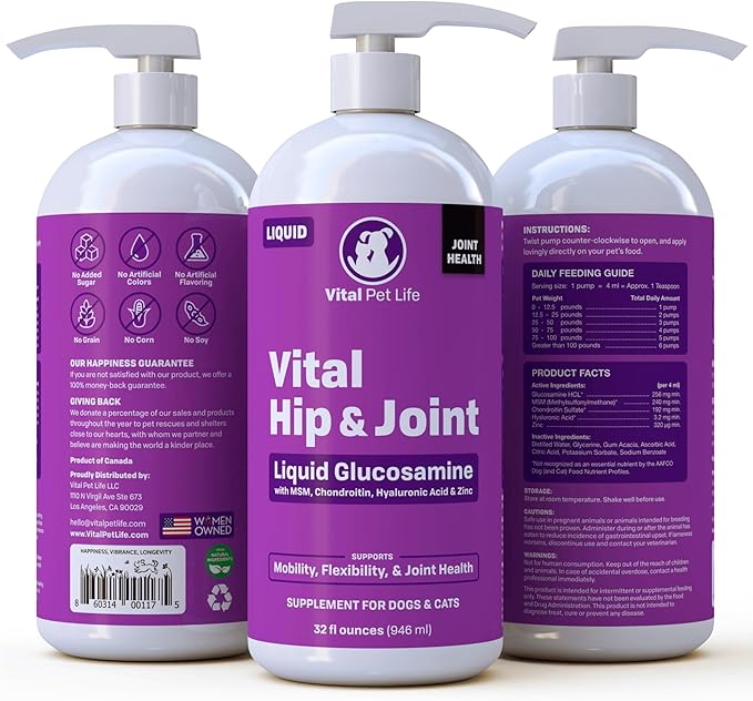 Liquid Glucosamine for Dogs Cats & Horses with Chondroitin, MSM, and Hyaluronic Acid, Hip & Joint Supplement for Mobility & Comfort, Supports Joint Health & Flexibility, Mobility, & Protection, 32 oz