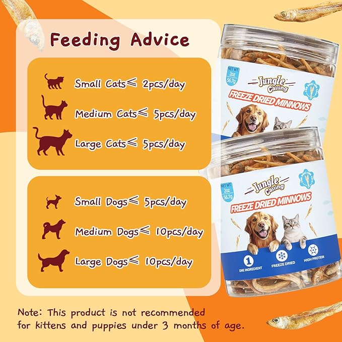 Jungle Calling Freeze Dried Minnows for Cats & Dogs, Single Ingredient Fish Cat & Dog Treats, High Protein Grain Free Pet Training Snacks, 2 oz