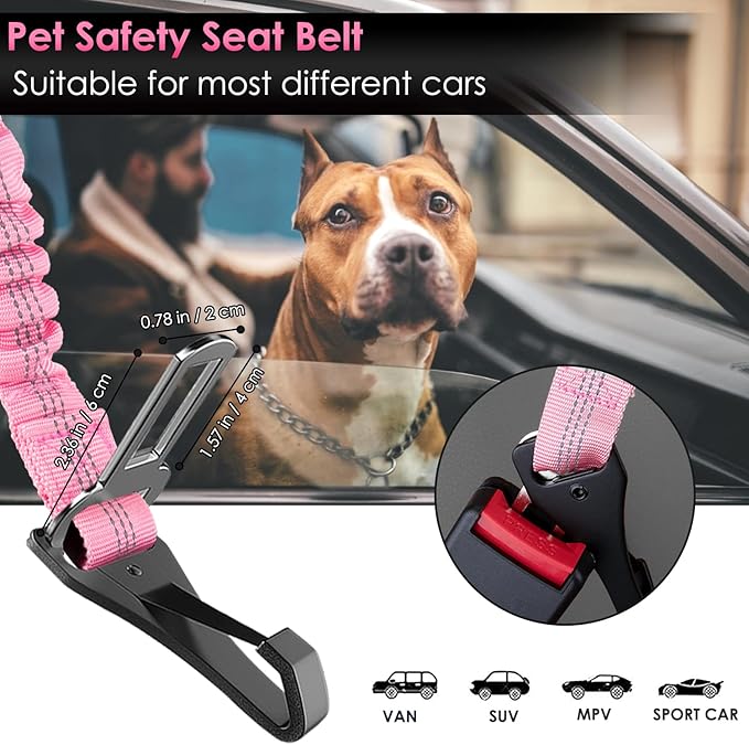 SlowTon Dog Seat Belt, Adjustable Dog Safety Belt Leash, 2 in 1 Latch Bar Attachment Dog Car Seatbelt with Elastic Nylon Bungee Buffer, Reflective Nylon Belt Tether(Pink,35.5in)