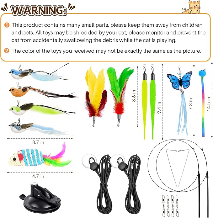 HONGDDY Interactive Bird Simulation Cat Toys，4 in 1 Cat Toys for Indoor Cats, 4 Replacement Birds，Hanging Door Kitten Wand with Suction Cup Removable Feathers Balls Mice Butterfly Streamers