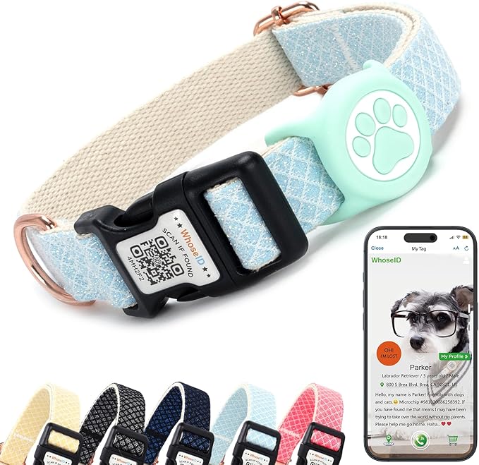 Dog Collar with Waterproof AirTag Holder & Anti-Lost QR Code, Cute Bling Warpping Adjustable Width for Small Medium Large Pet (Light Blue, S)