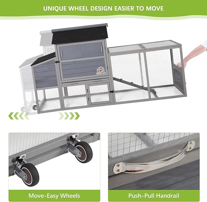 COZIWOW 82" Large Wooden Chicken Coop, Outdoor Rabbit Hutch, Guinea Pig Pet House with Wheels, Sunshine Board, Asphalt Roof, Ramp, Openable Top, Door, Window, Pull-Out Tray, Indoor Bunny Cage (Gray)