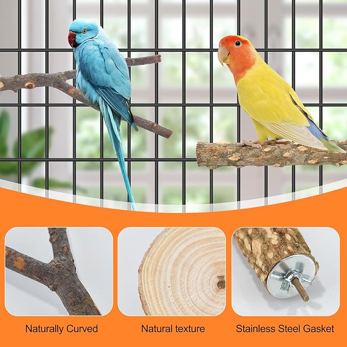 Bird Perch Stand, Pole Standing Natural Wood Bird Perch Set 7PCS Paw Grinding Fork Parrot Cage Branch with Rope Cage Accessories Toys for Parakeets, Cockatiels, Conure, Budgies