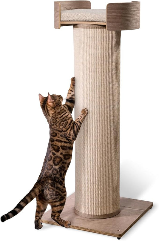 ONE FAST CAT - Giant Scratching Tower w/Perch - 44.5" Height with Replaceable Sisal and Removable Bed - Ash