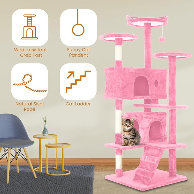 54.7 inches Cat Tower for Indoor Cats, Multi-Level Cat Condos with Scratching Posts, Hanging Toys, Pink