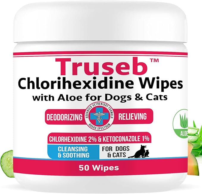 Truseb Topical Ketoconazole and Chlorhexidine Wipes for Dogs, Cats and Horses - with Aloe for Cleansing - 50 Count (Ketoconazole & Chlorhexidine Wipes, 50 Count)