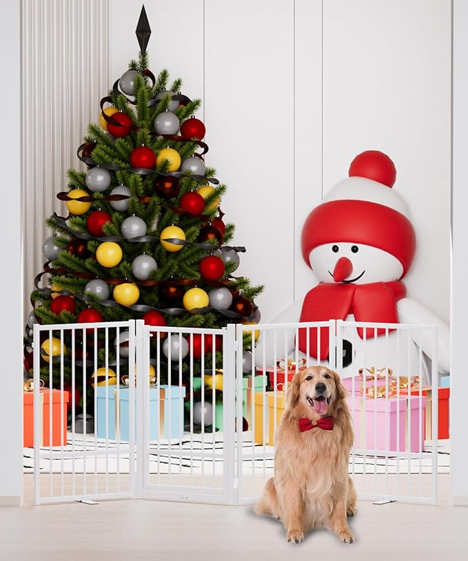 Full Metal Freestanding Dog Gate with Door, 32''Height Foldable Pet Dog Fence for Indoor & Outdoor, 4 Panels Extra Wide Free Standing TallDog Gates for Doorways,House,Stairs,Porch,Deck,Yard