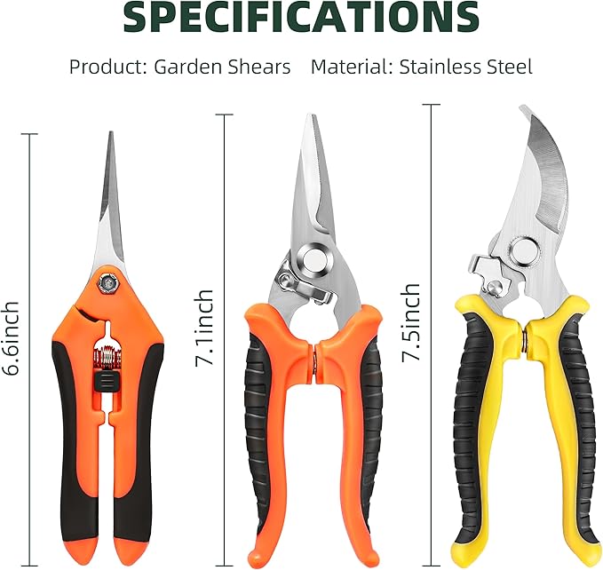 3-Pack Stainless Steel Pruning Shears, Pruning Snips and Clippers for Gardening
