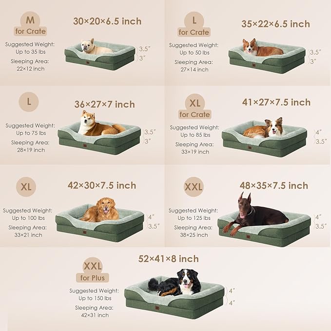 EHEYCIGA Memory Foam Dog Bed for Medium Size, Orthopedic Dog Sofa with Sides and Waterproof Liner, Washable Bolster Pet Couch with Removable Cover, 30x20x6.5 Inch, Green