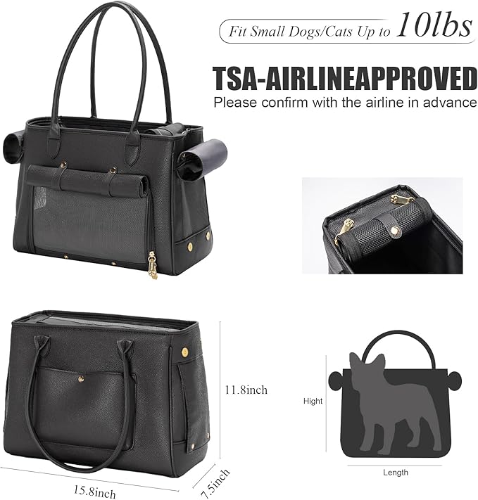 Fashion Pet Carrier Purse for Small Cat and Dog, Luxury Pu Soft-Sided Tote Bag with Large Pockets for Dogs and Puppies (Black, 15.8" L x 7.5" W x 11.8" H)