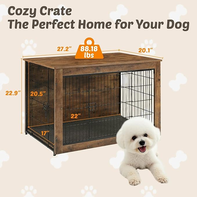 Dog Kennel Furniture, Wooden Dog Crate End Table, Heavy Duty Dog Crate, Decorative Pet Crate Dog Cage for Large Indoor Use (Rustic Brown) 27" L×20" W×23" H