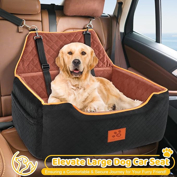 Dog Car Seat for Large/Medium Dog, Booster Seat for Dogs Under 55Lbs or 2 Small, Detachable and Washable Travel Pet Seat with Thick Cushion and Storage Pockets (Black/Brown)
