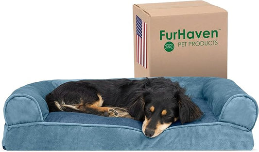 Furhaven Pillow Dog Bed for Medium/Small Dogs w/ Removable Bolsters & Washable Cover - Faux Fur & Velvet Sofa - Harbor Blue, Medium