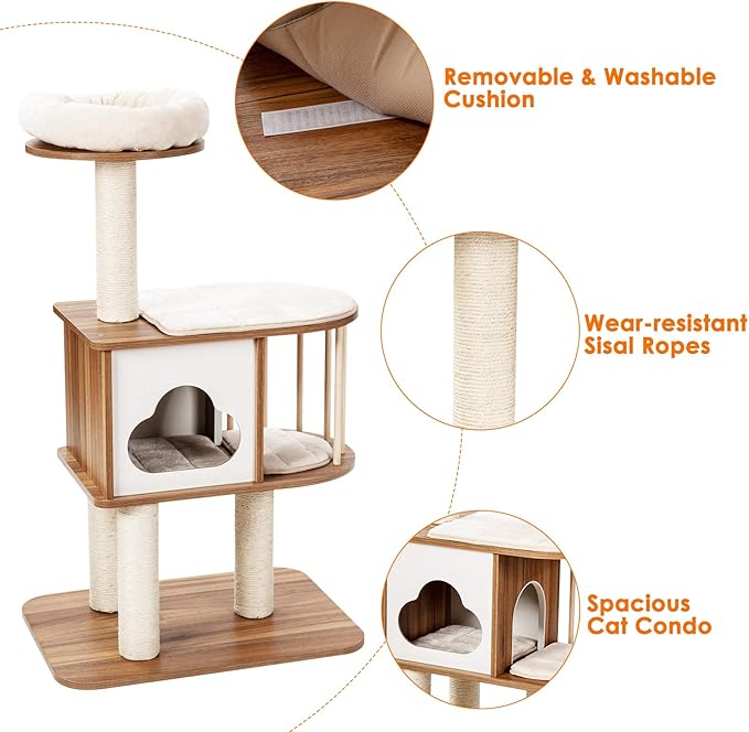 Tangkula Modern Wood Cat Tree, 46 Inches Cat Tower with Platform, Cat Activity Center with Scratching Posts and Washable Cushions, Wooden Cat Condo Furniture for Kittens and Cats (Natural)