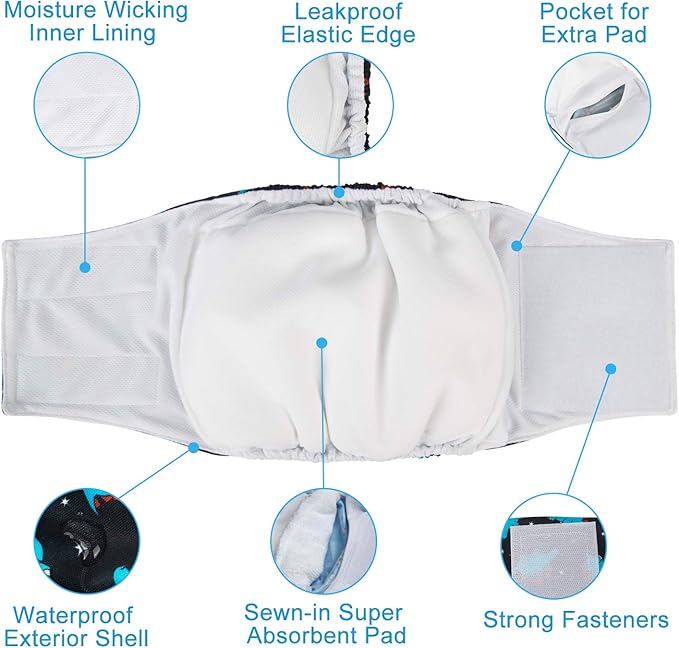 CuteBone Dog Diapers Male Washable Belly Band for Male Dogs Wraps Black 3pcs a Pack DM55L